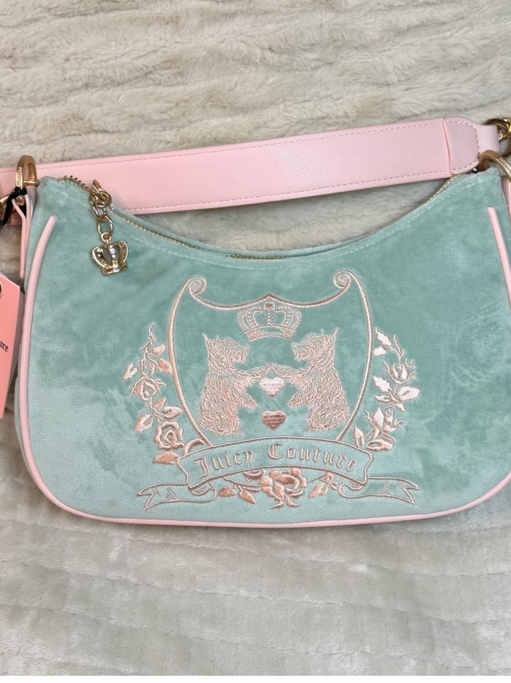 NWT Viral Juicy Couture New Love Chapter Shoulder Bag Frosty Green Velour Crest - Picture 3 of 16